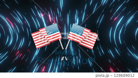 Image of usa flags over blue and pink lights moving fast on black background 128689012