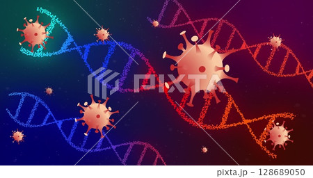 Floating large stylized virus particle drifting over abstract molecular art, with DNA helix strands Floating large stylized virus particle drifting over abstract molecular art, with DNA helix strands 128689050