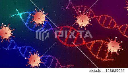Rotating central stylized DNA helix floating in abstract digital space, with spherical virus icons 128689053