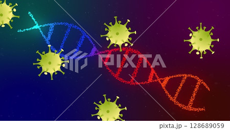 Illustrating dotted DNA helix twisting across medical gradient backdrop, with virus particles 128689059