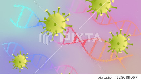 Displaying large green virus icon floating in digital abstract design, with colorful DNA helices Displaying large green virus icon floating in digital abstract design, with colorful DNA helices 128689067