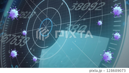 Image of covid 19 cells and scope with numbers processing Image of covid 19 cells and scope with numbers processing 128689073