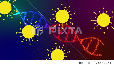 Image of covid 19 cells moving over dna strand spinning Image of covid 19 cells moving over dna strand spinning 128689074