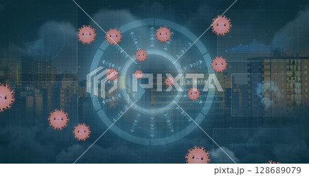 Image of covid 19 cells and scope with cityscape Image of covid 19 cells and scope with cityscape 128689079