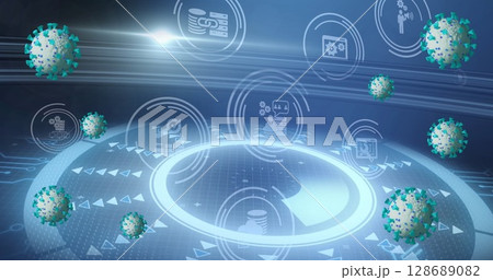 Image of covid 19 cells and scope with scientific data processing Image of covid 19 cells and scope with scientific data processing 128689082