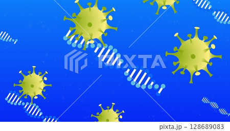 Floating green virus particles with spikes hovering in digital art, with white-blue RNA strands 128689083