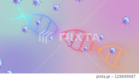 Glowing stylized DNA double helix rotating in digital abstract background, with virus-like spheres 128689087