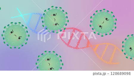 Showing stylized DNA helix in pastel gradient illustration, with virus particles showing faces Showing stylized DNA helix in pastel gradient illustration, with virus particles showing faces 128689098