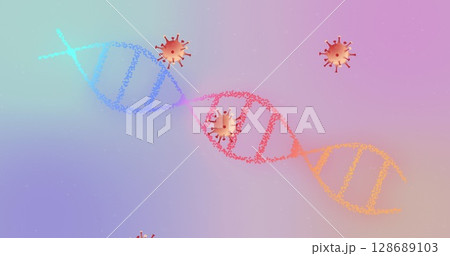 Displaying DNA double helix formed by colored dots in digital illustration, with spiky virus icons 128689103
