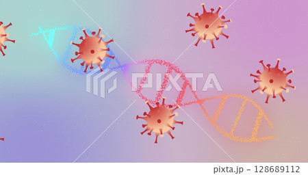 Image of covid 19 cells moving and dna strand spinning Image of covid 19 cells moving and dna strand spinning 128689112