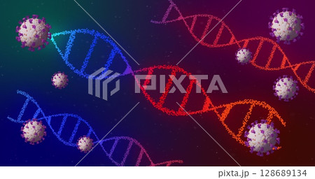Floating DNA helix strands and virus particles drifting in digital background, with spike proteins 128689134