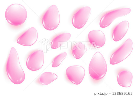 Pink water drops isolated on white background. Vector jelly collagen and serum liquid gel texture. Cosmetic oil for beauty and skincare with moisture effect. Splashes and drips top view 128689163