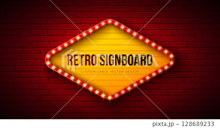 Retro Signboard Lightbox Banner Design with Glowing Light Bulb Frame Billboard on Vintage Brick Wall Background. Vector Customizable Marquee Sign Illustration for Casino Advertising, Theater Show Retro Signboard Lightbox Banner Design with Glowing Light Bulb Frame Billboard on Vintage Brick Wall Background. Vector Customizable Marquee Sign Illustration for Casino Advertising, Theater Show 128689233