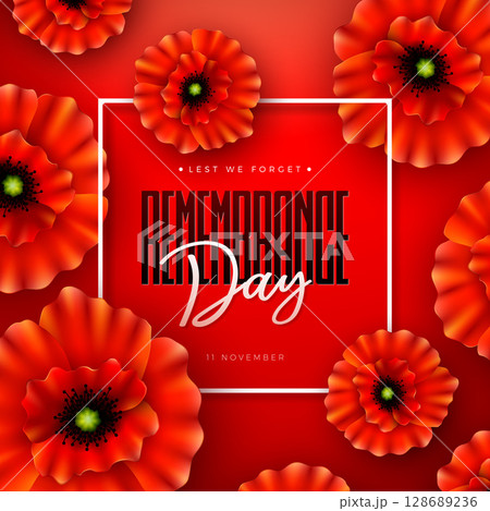 Remembrance Day Banner Design with Red Poppy Flower and Lest we Forget Typography Lettering in Red Background. Vector November 11 International Memorial Day to Honour Armed Forces Member for Anzac 128689236