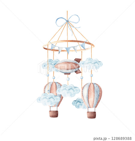Watercolor baby cradle Mobile with Airship or Dirigible and Hot Air Balloons flying in clouds.. Hand drawn illustration in pastel colors of kids hanging toy. For greeting cards, gender reveal, its a 128689388