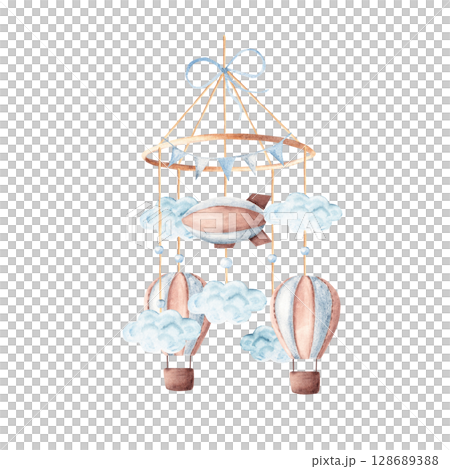 Watercolor baby cradle Mobile with Airship or Dirigible and Hot Air Balloons flying in clouds.. Hand drawn illustration in pastel colors of kids hanging toy. For greeting cards, gender reveal, its a 128689388
