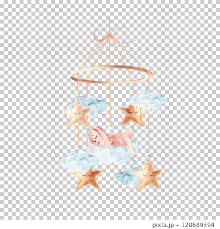 Watercolor baby cradle Mobile with cute pink rabbit sleeping on a cloud and stars. Hand drawn illustration in pastel colors of kids hanging toy. For greeting cards, gender reveal, its a girl party or 128689394