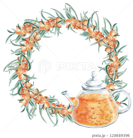 Tea pair with sea buckthorn tea and energetic splashes. Isolated watercolor illustration in a realistic style for the design of beverage packaging, tea menu, culinary blogs, printing on postcards. Tea pair with sea buckthorn tea and energetic splashes. Isolated watercolor illustration in a realistic style for the design of beverage packaging, tea menu, culinary blogs, printing on postcards. 128689396