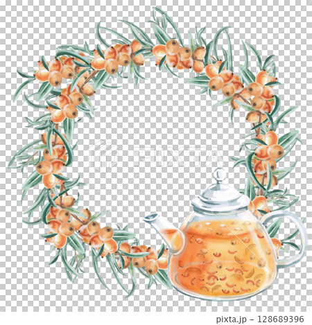Tea pair with sea buckthorn tea and energetic splashes. Isolated watercolor illustration in a realistic style for the design of beverage packaging, tea menu, culinary blogs, printing on postcards. Tea pair with sea buckthorn tea and energetic splashes. Isolated watercolor illustration in a realistic style for the design of beverage packaging, tea menu, culinary blogs, printing on postcards. 128689396