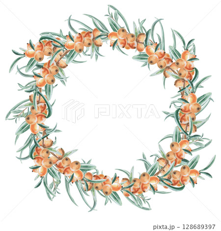 Round wreath with branches of ripe sea buckthorn and teapot. Isolated watercolor illustration in realistic style for design of beverage packaging, tea list, culinary blogs, postcard printing. Round wreath with branches of ripe sea buckthorn and teapot. Isolated watercolor illustration in realistic style for design of beverage packaging, tea list, culinary blogs, postcard printing. 128689397
