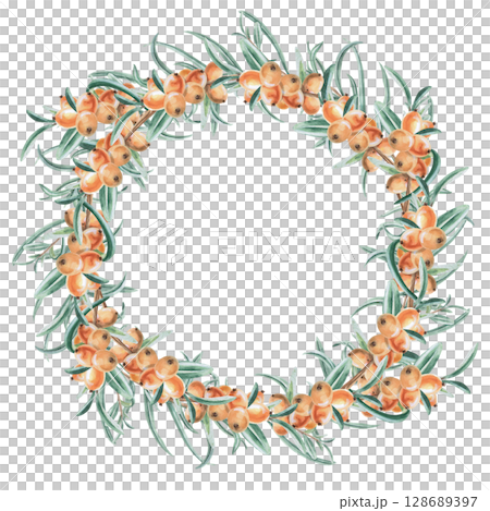 Round wreath with branches of ripe sea buckthorn and teapot. Isolated watercolor illustration in realistic style for design of beverage packaging, tea list, culinary blogs, postcard printing. Round wreath with branches of ripe sea buckthorn and teapot. Isolated watercolor illustration in realistic style for design of beverage packaging, tea list, culinary blogs, postcard printing. 128689397