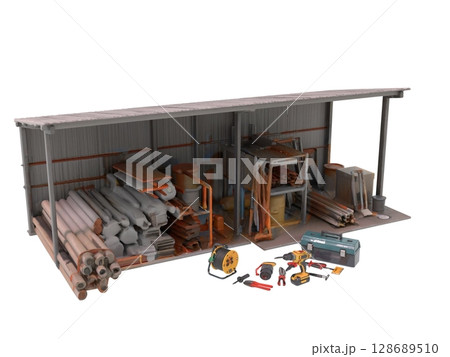 建設土木工事現場での5S運動や整理整頓が必要な雑然とした資材置場 128689510