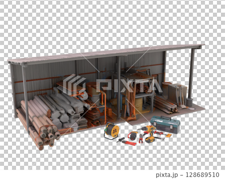 建設土木工事現場での5S運動や整理整頓が必要な雑然とした資材置場 128689510