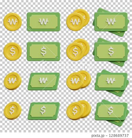 won and dollar coin and currency cartoon style 3D Icon set 128689737