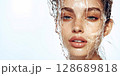 Water pouring and splashing over face of beautiful woman with natural skin.AI Generative. 128689818