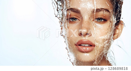Water pouring and splashing over face of beautiful woman with natural skin.AI Generative. 128689818