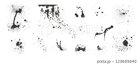 Black urban street paint rough blots set. Ink spray splashes and splatter. Grunge graffiti art drops sprayed. Grain textured elements of dirty stencil on wall. Vector hand drawn messy spots and blobs Black urban street paint rough blots set. Ink spray splashes and splatter. Grunge graffiti art drops sprayed. Grain textured elements of dirty stencil on wall. Vector hand drawn messy spots and blobs 128689840