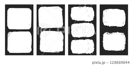 Grunge photo frames set templates. Ink paint border with rough edges for social media post. Retro textured story overlays. Rectangular old black flyers on transparent background. Vector illustration Grunge photo frames set templates. Ink paint border with rough edges for social media post. Retro textured story overlays. Rectangular old black flyers on transparent background. Vector illustration 128689844