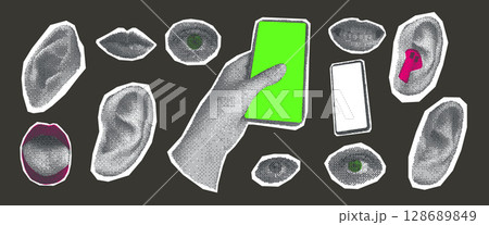 Halftone ears, eyes, lips collage set. Cutout hand holding mobile stickers for mixed media. Smartphones with empty screen and mouth. Vector illustration on dark background 128689849