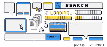 Pixel art dialog windows interfaces and speech bubbles set . 8 bit blank frames and game icons. 90s callouts and internet elements. Loading bar, search and border with cursors. Vector illustration Pixel art dialog windows interfaces and speech bubbles set . 8 bit blank frames and game icons. 90s callouts and internet elements. Loading bar, search and border with cursors. Vector illustration 128689851