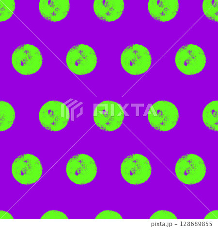 Seamless pattern with bold neon colors stencil circles. Charcoal polka dots endless background. Electric green and purple grunge dot repeat cover. Vector textured trendy modern illustration 128689855