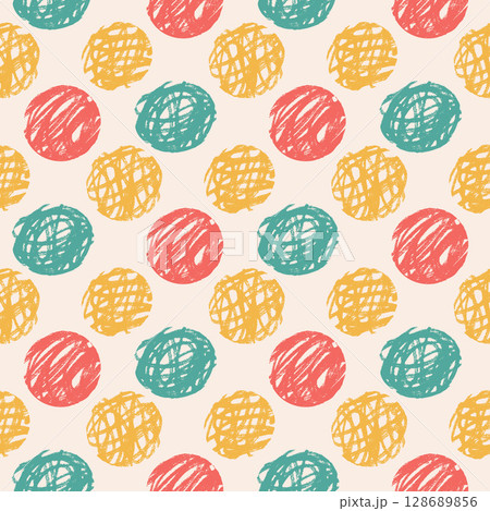Polka dots seamless pattern. Crayon kids endless background. Naive hand drawn dot repeat cover. Circles continuous ornament. Surface pattern design knitting balls motif. Vector illustration 128689856