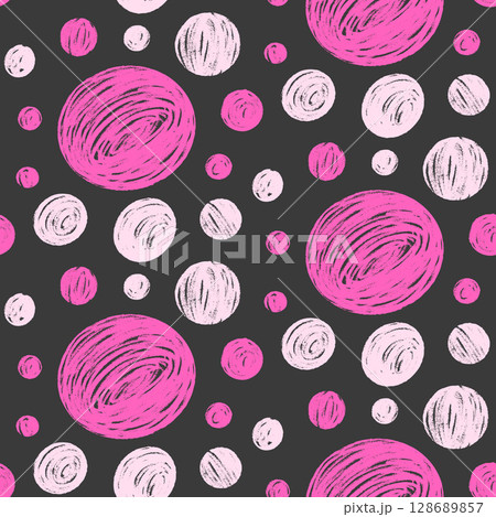 Polka dots pink and black seamless pattern. Chalk kids endless background. Naive simple pink dot ornament repeat cover. Surface pattern design scribbles motif. Vector hand drawn illustration 128689857