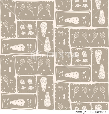 Tennis bento grid seamless pattern. Sports rackets, balls and bows on geometric boxes endless background. Surface pattern entertainment motif. Vector hand drawn patchwork illustration 128689863