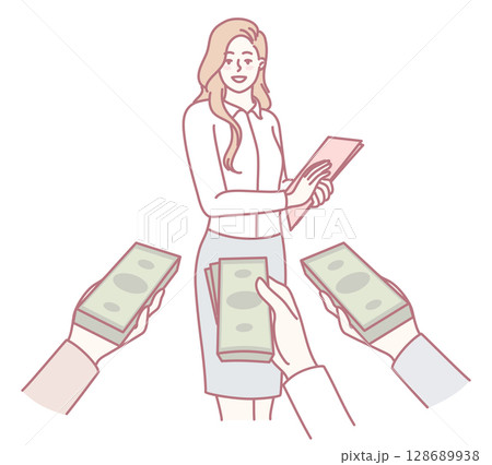 A businesswoman actively engages with her customers during a financial exchange process 128689938