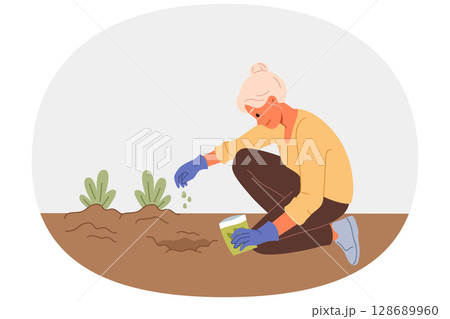 Elderly woman plants seeds in ground, planting flowers in garden or backyard of house 128689960