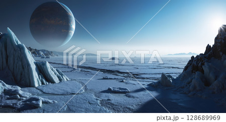 氷の地球外惑星のイメージ　AI生成画像 128689969