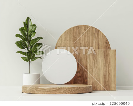 Minimalistic wooden display podiums with green plant in white pot on white background 128690049