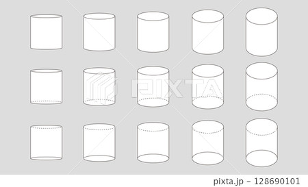 様々な角度から見た円柱のセット。図形のベクターイラスト 128690101