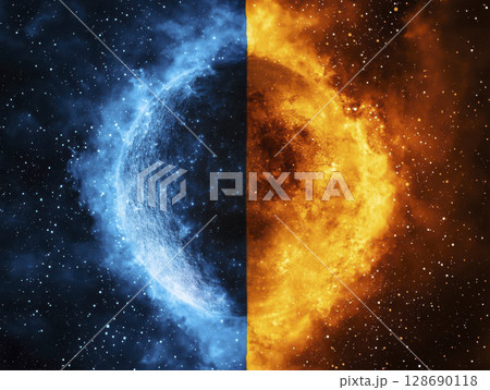 Cosmic balance of Earth and celestial elements with fiery and icy halves in space Cosmic balance of Earth and celestial elements with fiery and icy halves in space 128690118