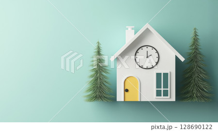 White house with clock and yellow door with pine tree on blue background 128690122