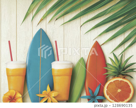 Tropical summer drinks with surfboards and palm leaves create vibrant beach atmosphere Tropical summer drinks with surfboards and palm leaves create vibrant beach atmosphere 128690135