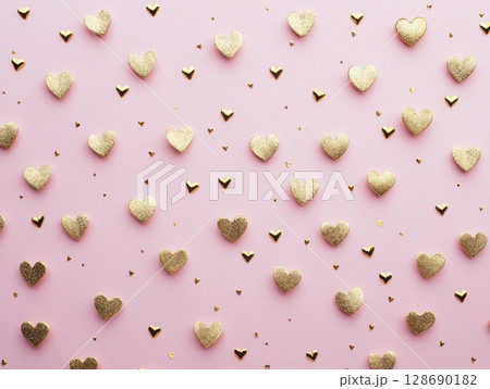 Golden glitter heart shapes scattered on pastel pink background creating romantic mood 128690182