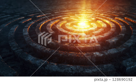 Enigmatic labyrinth with light shining from its center creating mysterious glowing effect 128690192