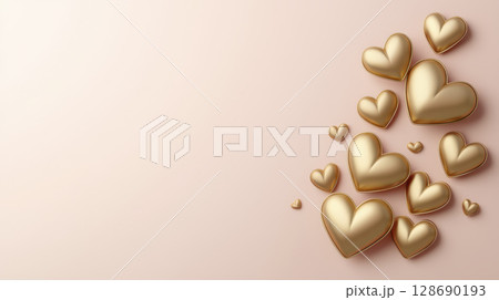 Golden heart shapes floating on soft pink background create warm romantic feeling Golden heart shapes floating on soft pink background create warm romantic feeling 128690193