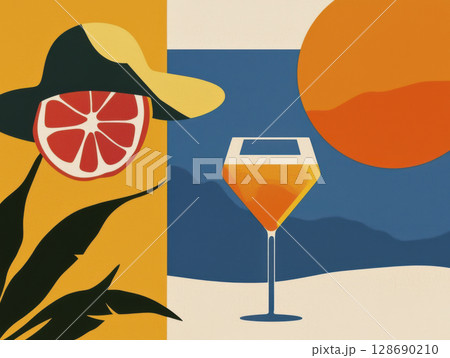 Tropical summer inspired collage with citrus slice, cocktail glass, and sun Tropical summer inspired collage with citrus slice, cocktail glass, and sun 128690210